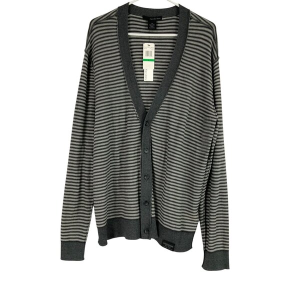 Calvin Klein Gray Striped Long Sleeve Button Front V-Neck Cardigan Size L NWT - Picture 1 of 8